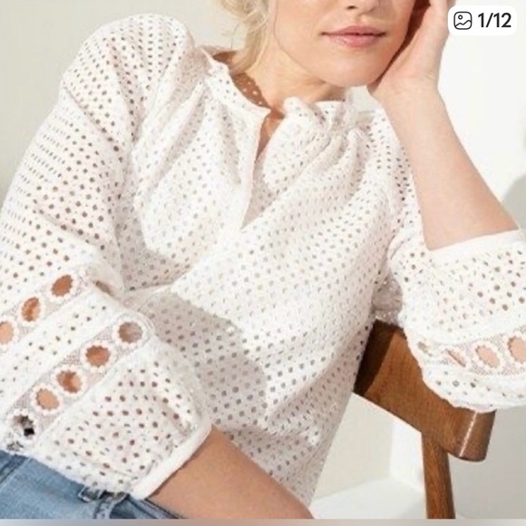 Banana Republic Tops - Banana Republic White Eyelet Peasant Blouse Ruffled Trim 3/4 Sleeves - Size XL